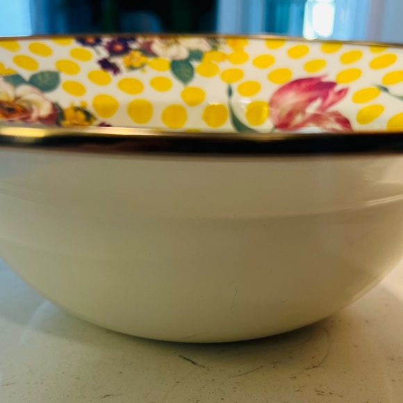 Mackenzie Childs Large Serving Bowl Buttercup Yellow Dots Pink Floral Retired - Picture 2 of 5